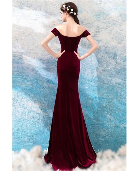 Sexy Burgundy Velvet Mermaid Tight Prom Dress With Slit Off Shoulder