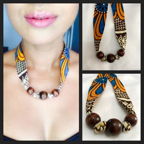 Collier En Wax Tissu Africain Et Ses Billes En Bois Verni Collier