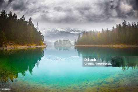 Impressive Summer Sunrise At Eibsee Lake With Zugspitze Mountain Sunny