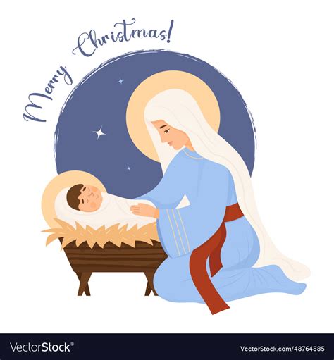 Merry christmas virgin mary and jesus in manger Vector Image