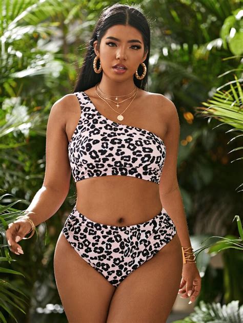 Shein Swim Vcay Plus Leopard Bikini Set One Shoulder Top High Waisted