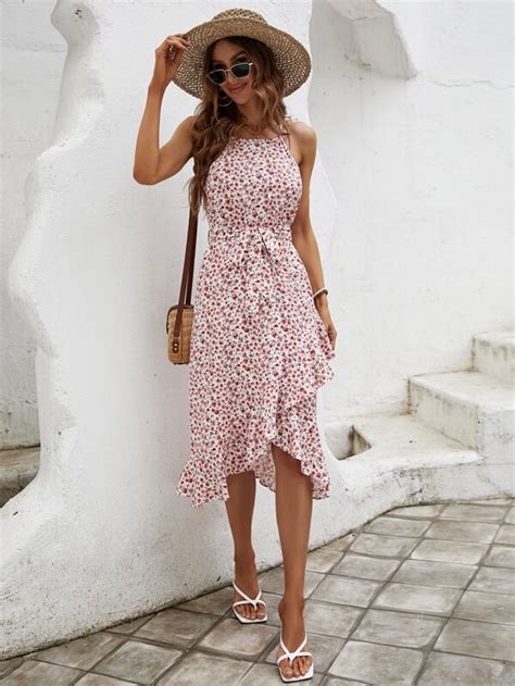 Shein Vcay Vestido De Tirantes Con Estampado Floral Ribete Con Fruncido