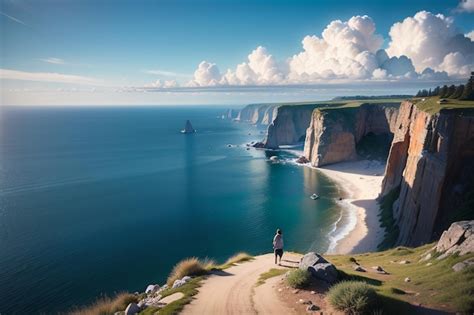 Premium Ai Image A Woman Stands On A Cliff Overlooking The Ocean