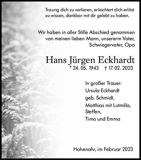 Traueranzeigen Von Hans J Rgen Eckhardt Vrm Trauer De