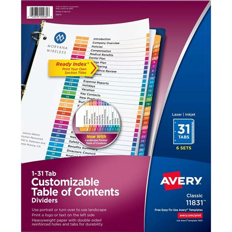 Avery Ready Index Extra Wide Binder Dividers Customizable Table Of