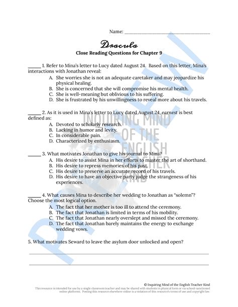 Dracula Chapter 9 Close Reading Analysis Worksheet And Answer Key