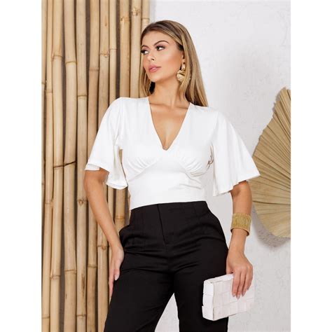 Blusa Cropped Decote V Manga Ampla Elegante Shopee Brasil