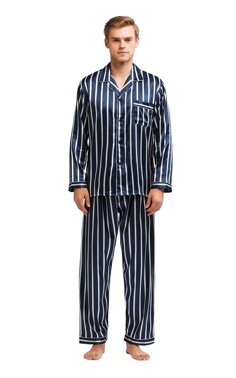 Mens Silk Satin Pajama Set Long Sleeve Navy And Beige Striped Tony And Candice