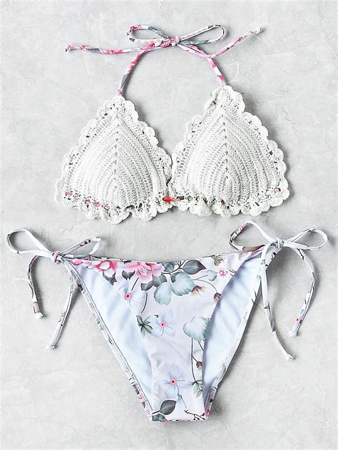 Shop Flower Print Mix And Match Crochet Bikini Set Online Shein Offers