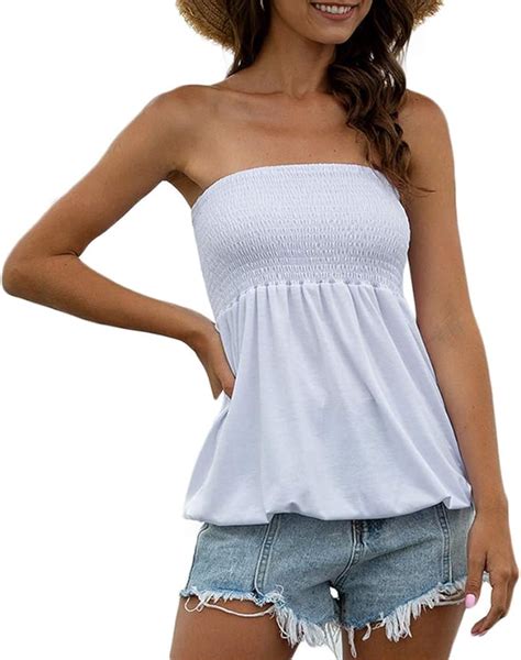 Women Strapless Tube Top Stretchy Ruched Front Flowy Tunic Shirt