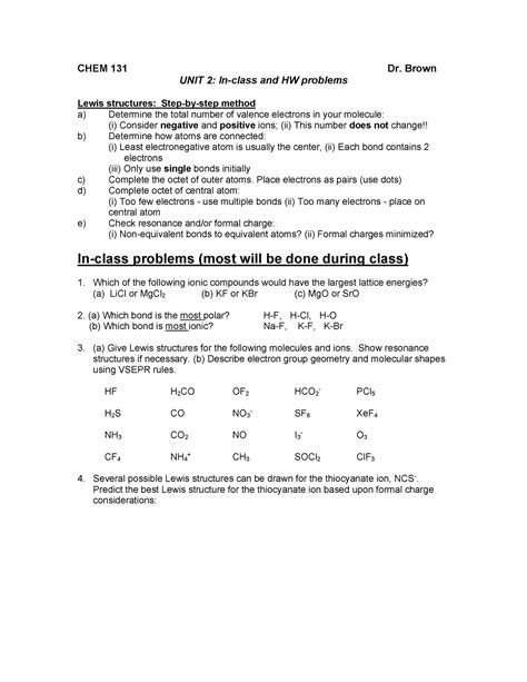 2 Problems CHEM 131 Dr Brown UNIT 2 In Class And HW Problems