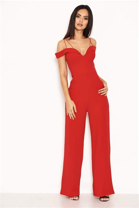 Red Strappy Off The Shoulder Jumpsuit Ax Paris Us