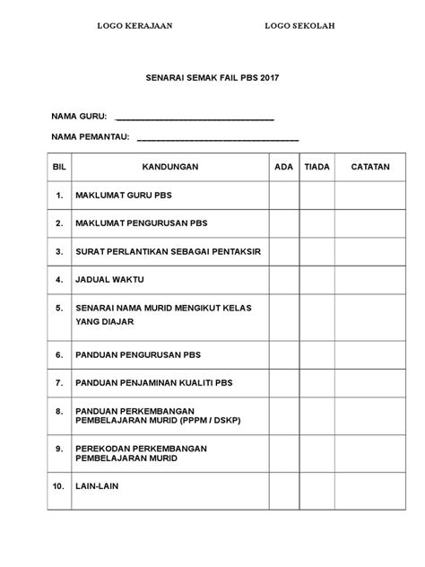 Senarai Semak Item Fail Pbs Pdf