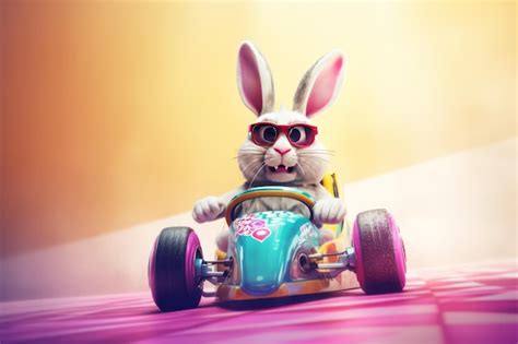 Premium AI Image | Cute cartoon bunny on racing car Funny Easter rabbit ...