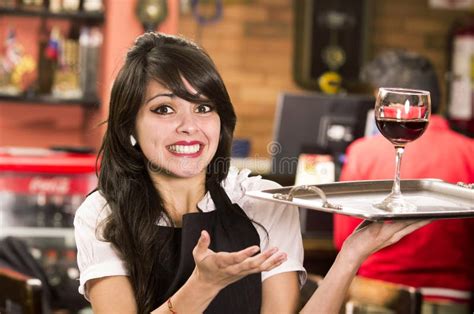 Beautiful Young Waitress Girl Serving A Drink Stock Photo Image Of