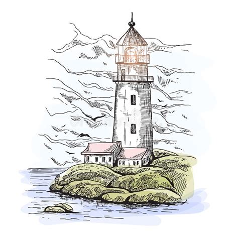 Beacon Or Harbor Lighthouse Sketch On Island Stock Vector