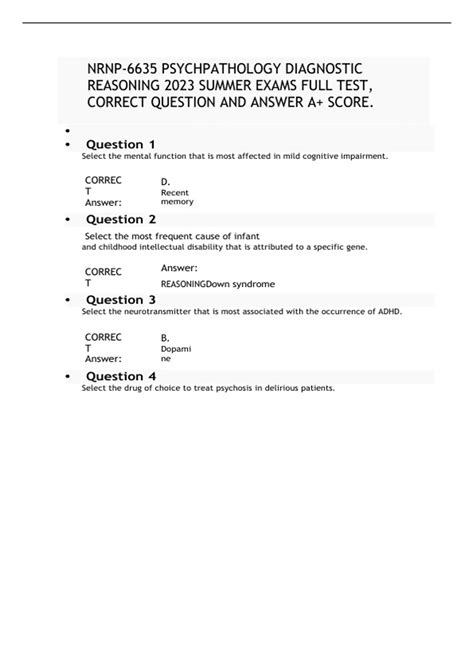 Nrnp 6635 Psychpathology Diagnostic Reasoning 2023 Summer Exams Full Test Correct Question And