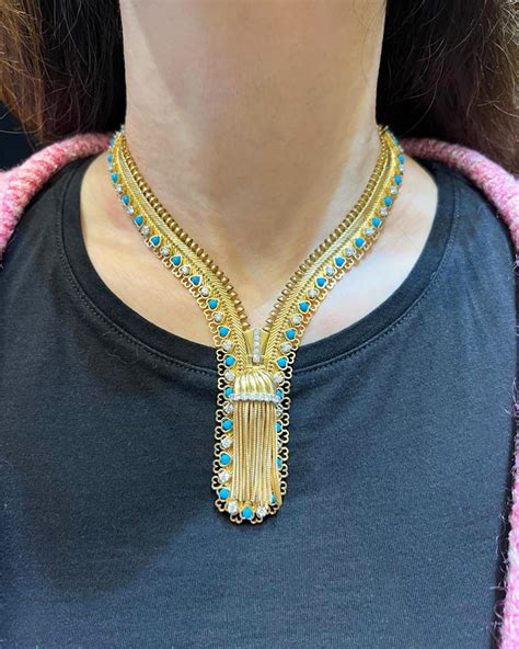 Van Cleef And Arpels Turquoise And Diamond Zip Necklace In K Yellow