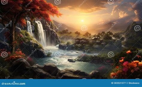 Golden Light Waterfall Wallpaper With Cherries Field On Sunset Stock