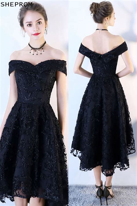 Black Lace Off Shoulder Prom Party Dress High Low Black Lace Wedding Dress Black Lace Prom