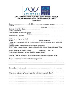 Fillable Online Weston Super Mare Swimming Club Co APPLICATION FORM FOR