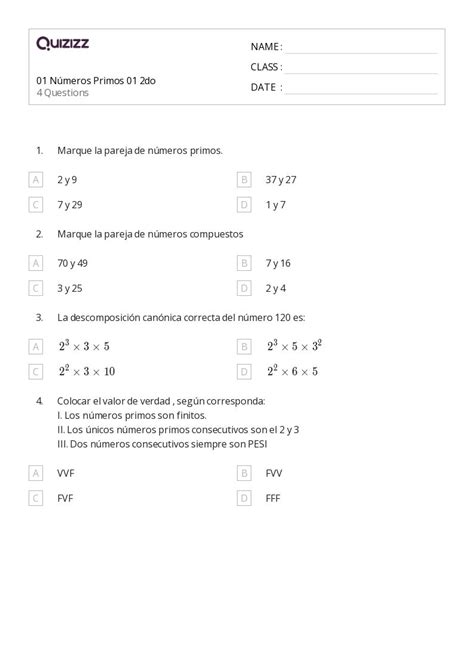 50 Números primos y compuestos hojas de trabajo para Grado 2 en