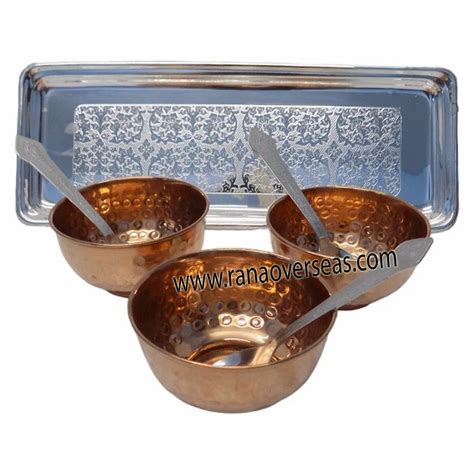 Hammered Copper Serving Bowl With Metal Tray Spoon For Snack Dessert