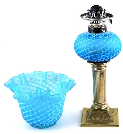 Lot Nailsea Verre Moire Miniature Oil Lamp Blue And White Satin Glass Globular Form Font