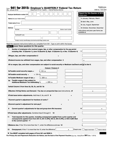 Fillable Form 941 Employer S Quarterly Federal Tax Return 2015 Printable Pdf Download