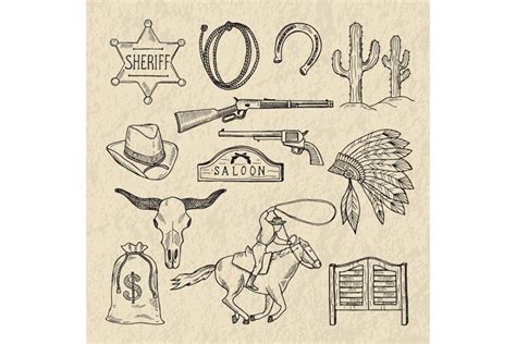 Monochrome Hand Drawn Illustrations Of Different Wild West S