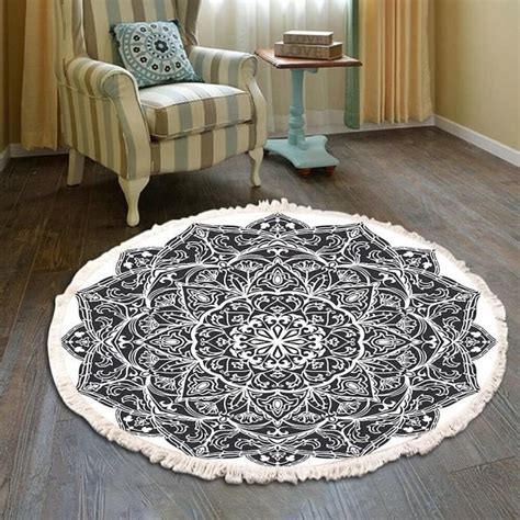 Tapis Rond En Coton Bohème Vintage Motif Mandala Lavable Machine