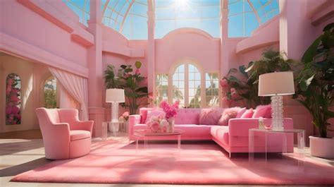 Premium AI Image | Pink barbie dreamy living room with a pink sofa and ...