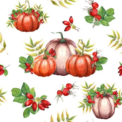 Watercolor Seamless Pattern With Pumpkins Brier Leaves And Berries