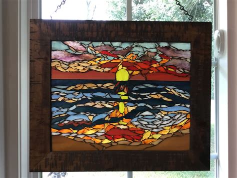 Mosaic Stained Stained Glass Beach Sunset Frame Pattern Painting Home Decor Art Picture