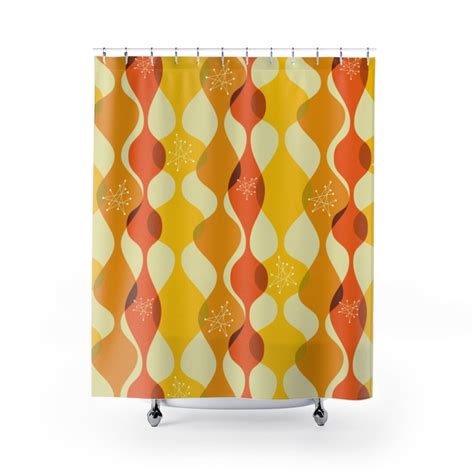 Mid Century Modern Curtains Geometric Yellow Orange Astro Star Burst