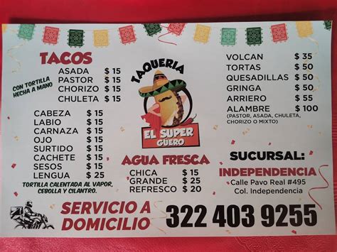 Carta del restaurante Tacos El Super Güero Independencia Puerto Vallarta