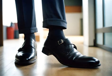 A Close-up Of A Person’s Feet Showcasing Pair Black Leather Shoes Photo ...