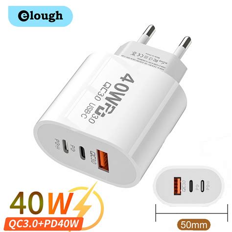 Carregador Usb C Elough 40w Rápido De Carregamento 3portas Tipo