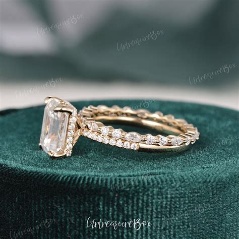 2 5ct Hidden Halo Emerald Cut Engagement Ring Set Women Etsy