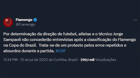 Flamengo solta comunicado informando que não dará entrevistas pós jogo