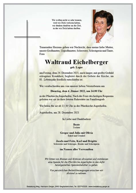 Eichelberger Waltraud Bestattung Geiger