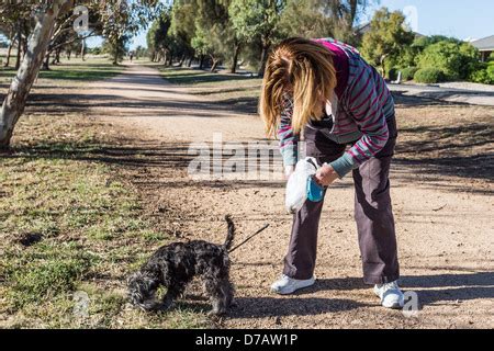 Mujer Recogiendo Excrementos De Perro Se Ora Limpiando El Desorden Del