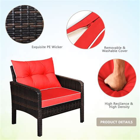 Gymax 4pcs Rattan Patio Conversation Set Red Cushioned Outdoor