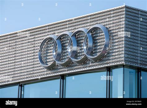 Detail of a car dealership of Audi with the logo of the brand Stock ...