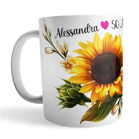 Caneca Aniversário Personalizada 50 anos Girassol Voar Personalizados