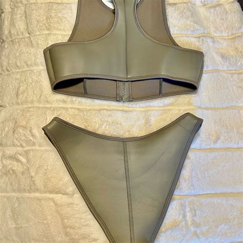 New Skims Rubberized Scuba Tanga Bikini Set Gray Tan Gem