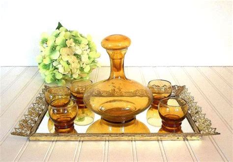 Vintage Amber Decanter Italian Pc Set Mid Century Blown Decanter