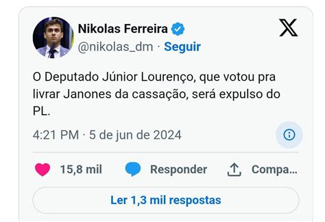 Júnior Lourenço Deve Ser Expulso Do Pl Após Voto A Favor De Janones