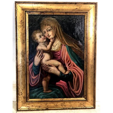 Antico Dipinto Olio Tela Madonna Della Tenerezza Gesu Bambino