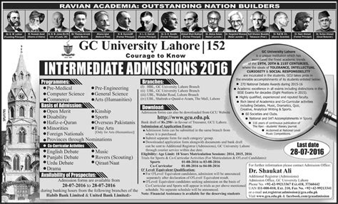 Intermediate Admissions in Government College University Lahore (Gcu ...